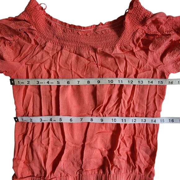 Lulumari Coral Orange Cropped Boho Smocked Off Shoulder Top sz S - Picture 9 of 11